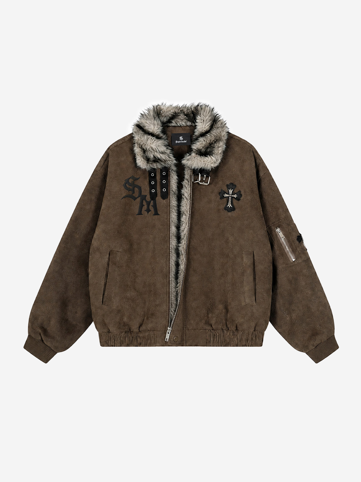 Embroidered Faux-Fur Collar Oversized Distressed Bomber Jacket; Brown / S, Brown / M, Brown / L, Brown / XL, Brown / 2XL