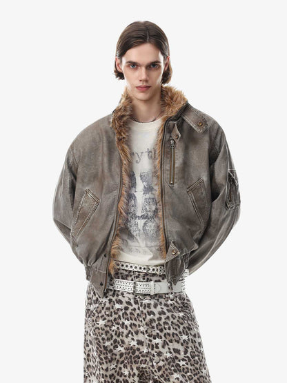 Washed High-Collar Multi-Zip Bomber Coat
