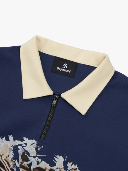 Original Racing Style Print Lapel Sweatshirt; Purplish Blue / S, Purplish Blue / M, Purplish Blue / L, Purplish Blue / XL, Purplish Blue / 2XL, Purplish Blue / 3XL