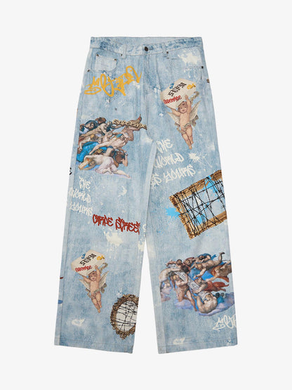 Retro Artistic Graffiti Angelic Prints Baggy Jeans - 2574 