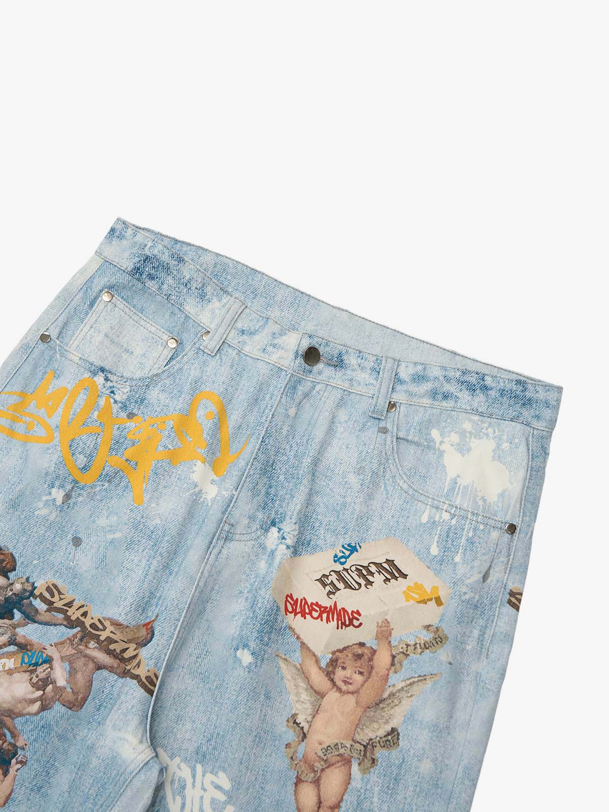 Retro Artistic Graffiti Angelic Prints Baggy Jeans - 2574; Blue / S, Blue / M, Blue / L, Blue / XL, Blue / 2XL, Blue / 3XL