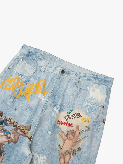 Retro Artistic Graffiti Angelic Prints Baggy Jeans - 2574; Blue / S, Blue / M, Blue / L, Blue / XL, Blue / 2XL, Blue / 3XL