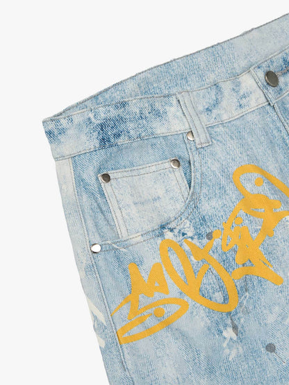 Retro Artistic Graffiti Angelic Prints Baggy Jeans - 2574; Blue / S, Blue / M, Blue / L, Blue / XL, Blue / 2XL, Blue / 3XL