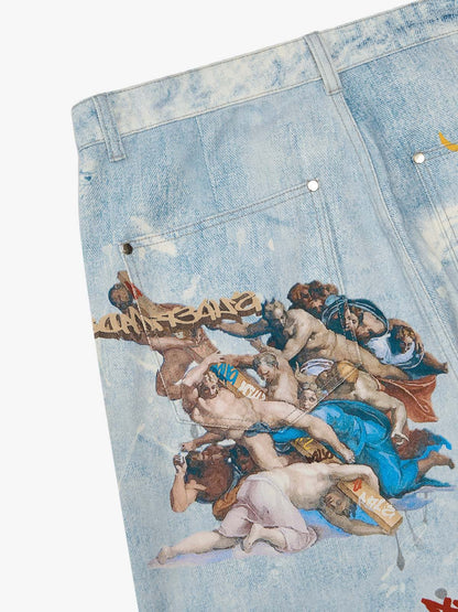 Retro Artistic Graffiti Angelic Prints Baggy Jeans - 2574; Blue / S, Blue / M, Blue / L, Blue / XL, Blue / 2XL, Blue / 3XL