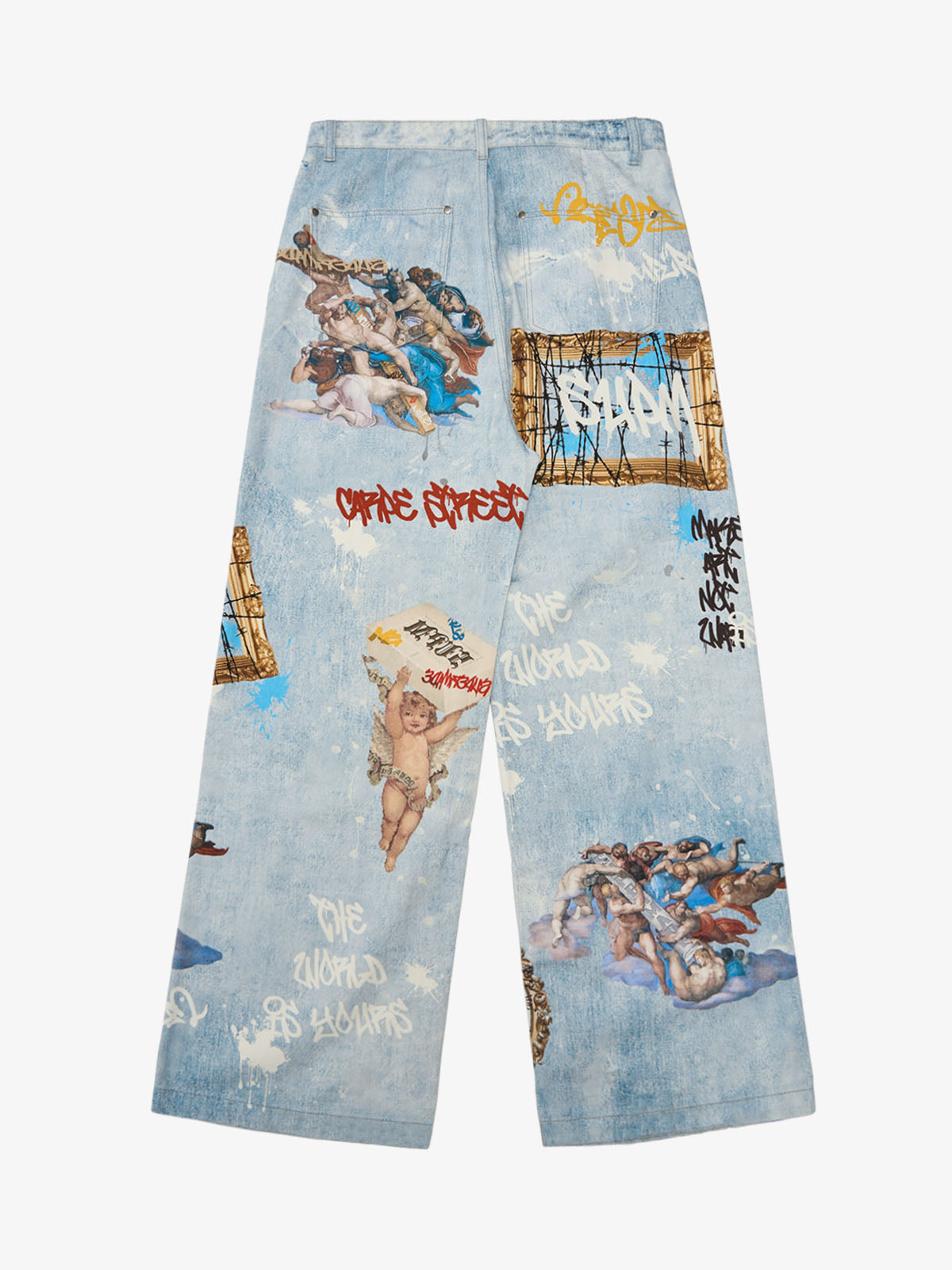 Retro Artistic Graffiti Angelic Prints Baggy Jeans - 2574; Blue / S, Blue / M, Blue / L, Blue / XL, Blue / 2XL, Blue / 3XL