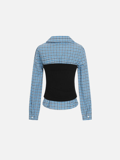Layered Plaid Panel Long Sleeve Shirt