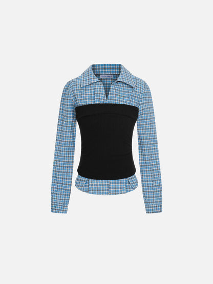 Layered Plaid Panel Long Sleeve Shirt