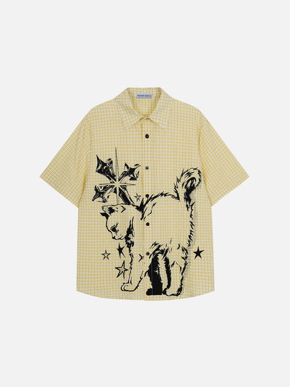 Cat Sketch Plaid Short Sleeve Shirt