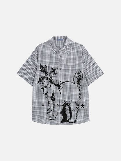 Cat Sketch Plaid Short Sleeve Shirt
