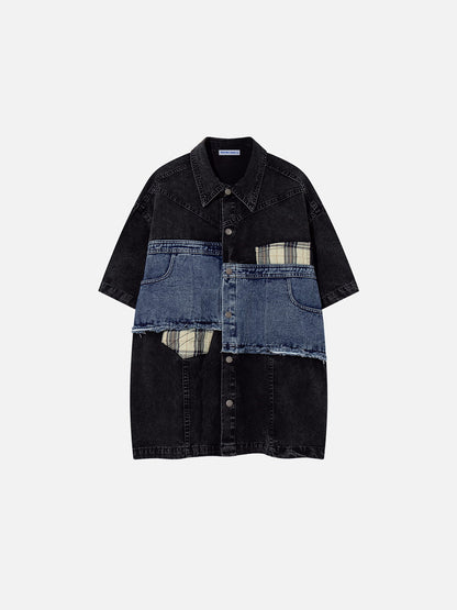 Denim Plaid Short Sleeve Shirt