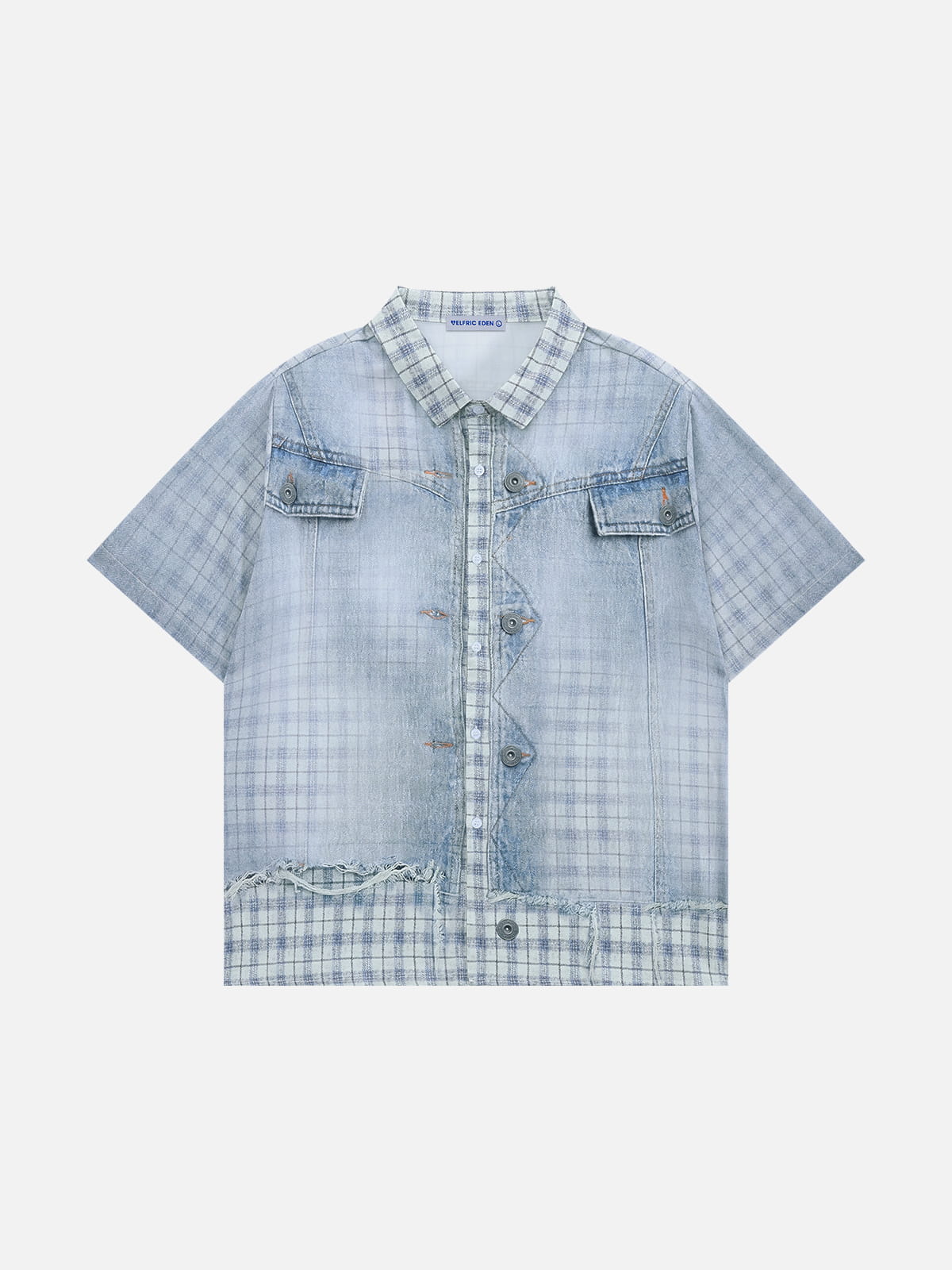 Denim Plaid Panel Short Sleeve Shirt