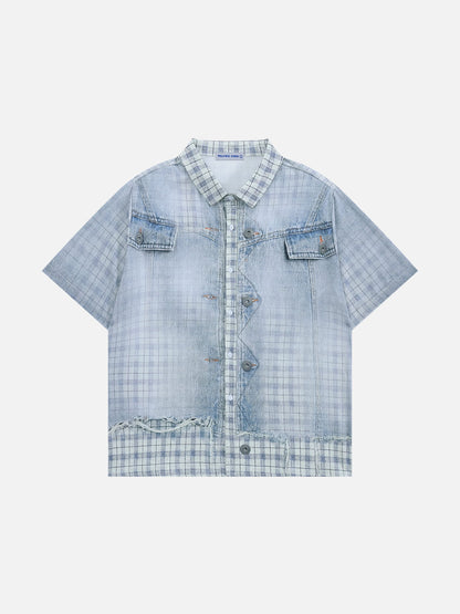 Denim Plaid Panel Short Sleeve Shirt