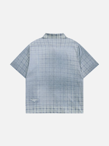 Denim Plaid Panel Short Sleeve Shirt