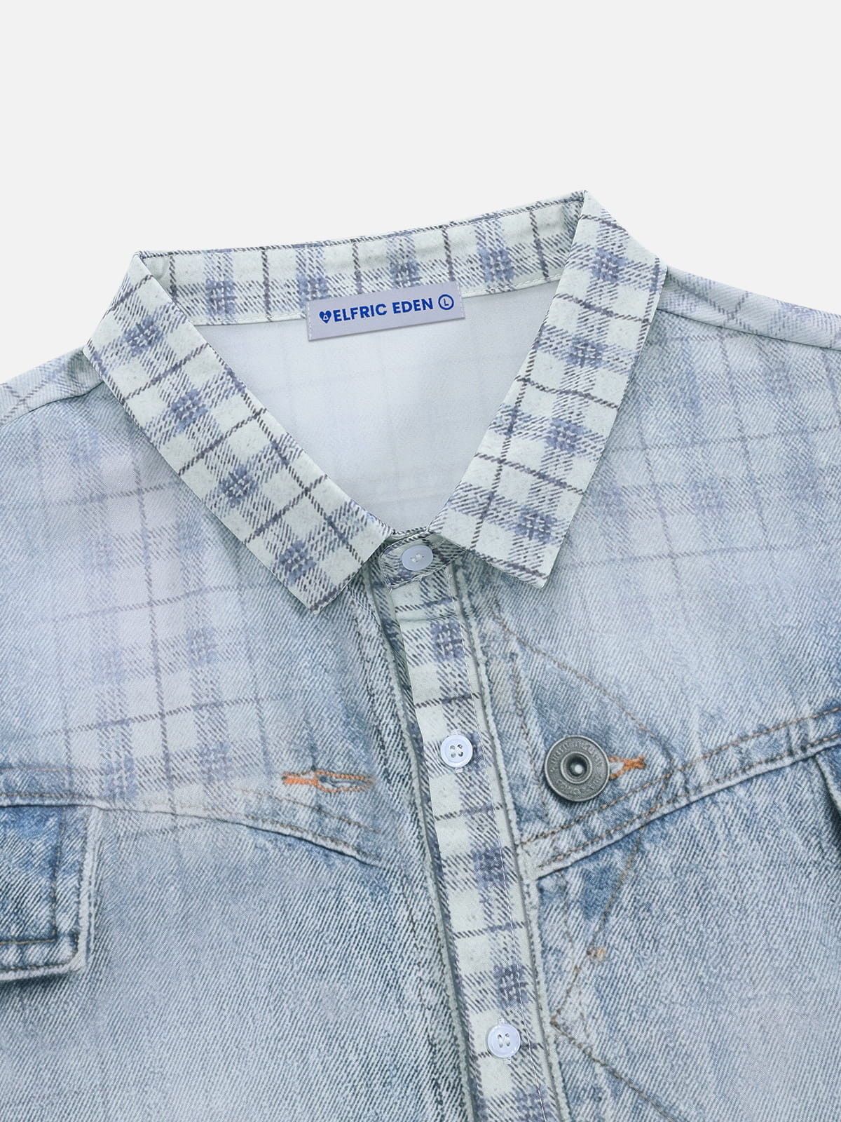 Denim Plaid Panel Short Sleeve Shirt
