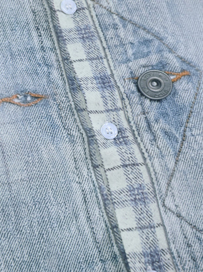 Denim Plaid Panel Short Sleeve Shirt