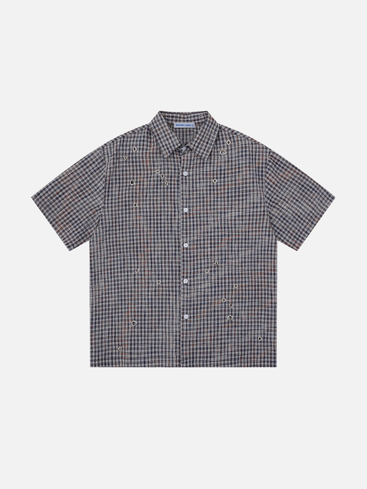 Metal Eyelet Plaid Short Sleeve Shirt