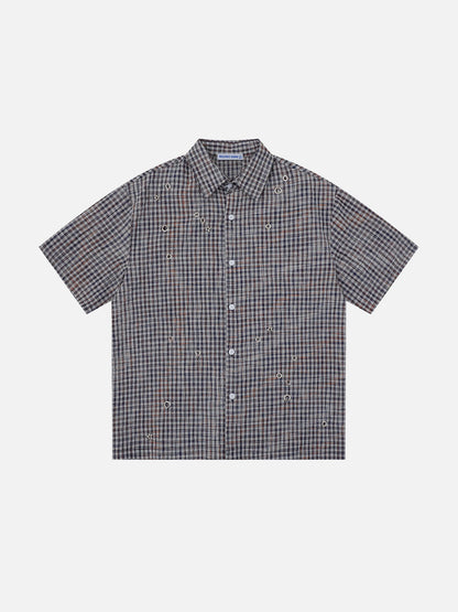 Metal Eyelet Plaid Short Sleeve Shirt