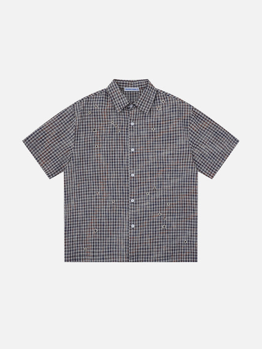 Metal Eyelet Plaid Short Sleeve Shirt