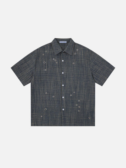 Metal Eyelet Plaid Short Sleeve Shirt
