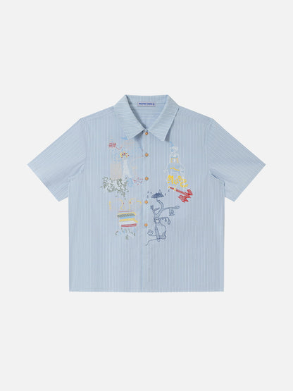 Boxy Stripe Embroidery Short Sleeve Shirt
