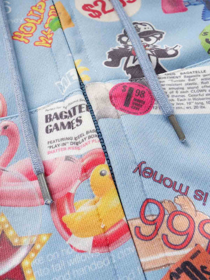 Retro Toy Collage Graphic Oversized Zip Hoodie; Blue / M, Blue / L, Blue / XL