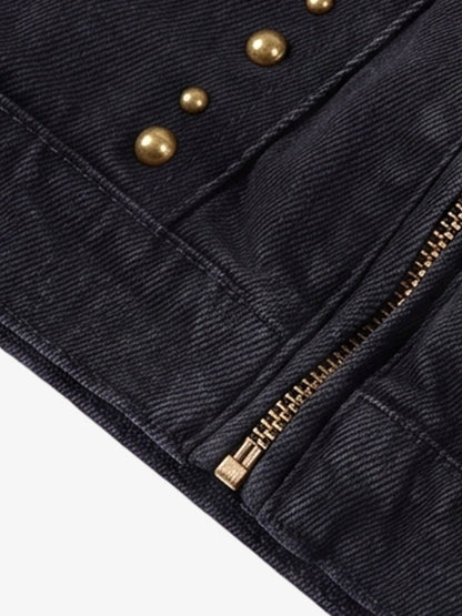 Distressed Studded Boxy Fit Denim Jacket; Black / M, Black / L, Black / XL, Black / 2XL