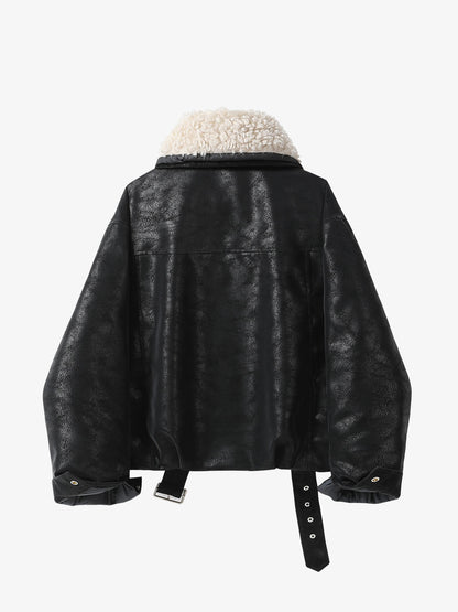 Faux Shearling PU Leather Padded Jacket; Black / M, Black / L, Black / XL, Black / 2XL