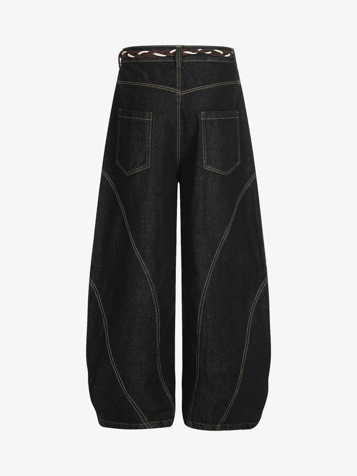Denim Retro Belt Detail With Patchwork Barrel Jeans - 2490; Black / S, Black / M, Black / L, Black / XL, Black / 2XL, Black / 3XL