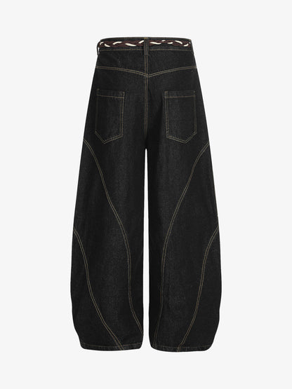 Denim Retro Belt Detail With Patchwork Barrel Jeans - 2490; Black / S, Black / M, Black / L, Black / XL, Black / 2XL, Black / 3XL