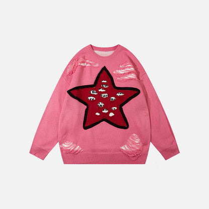 Y2K Ripped Star Print Loose Sweater
