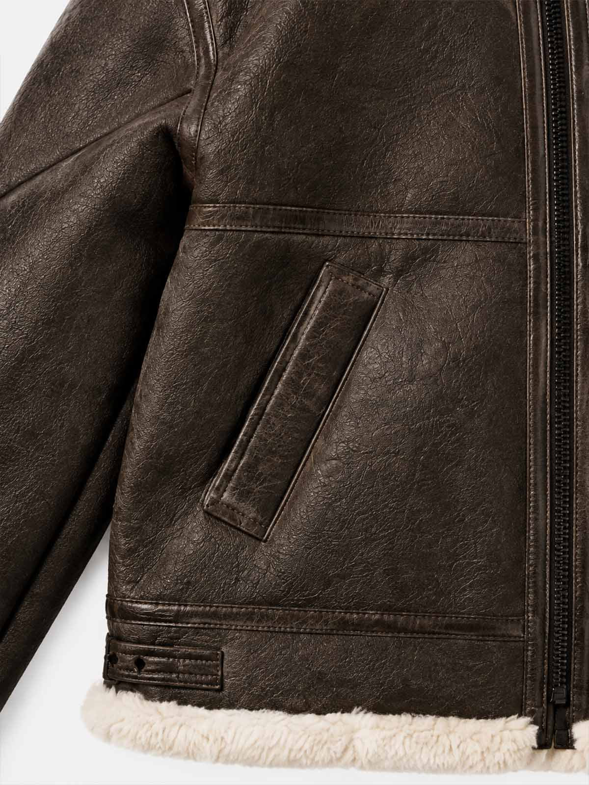 Embossed Faux-Shearling Lined PU Leather Jacket