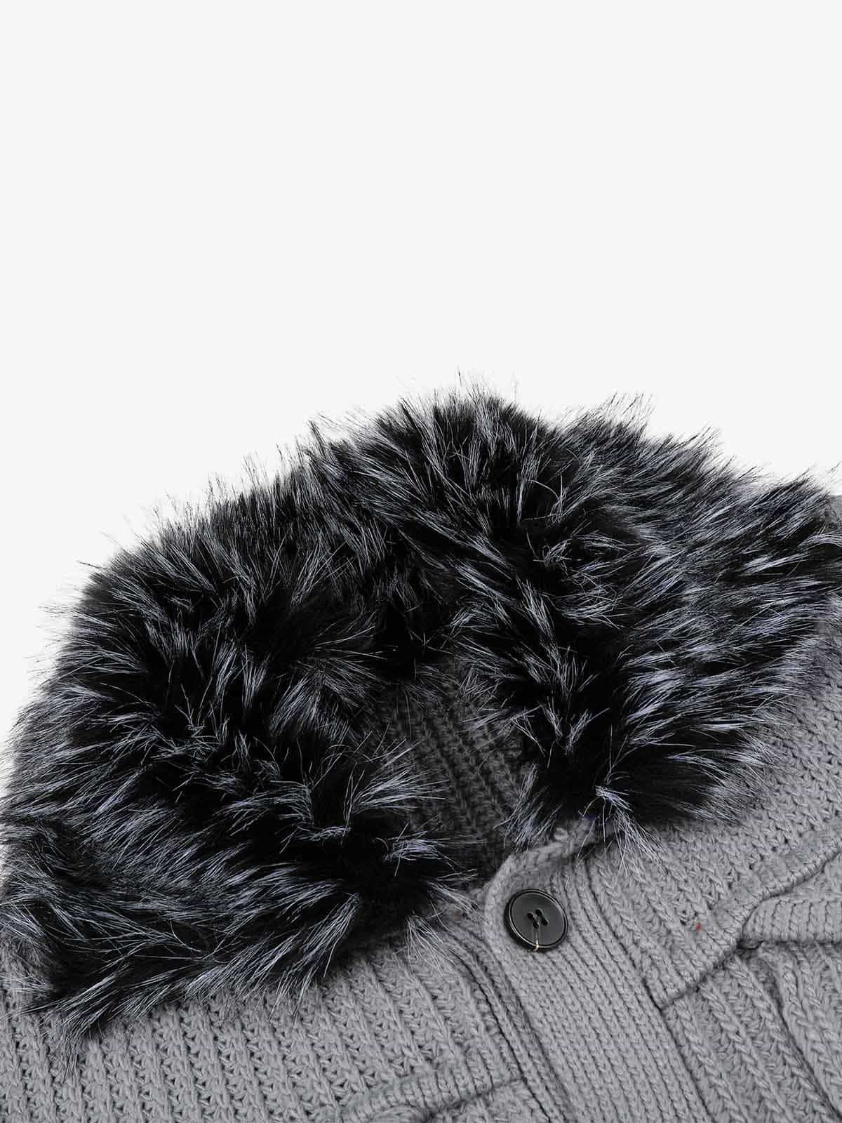 Faux-Fur Collar Distressed Knit Cardigan
