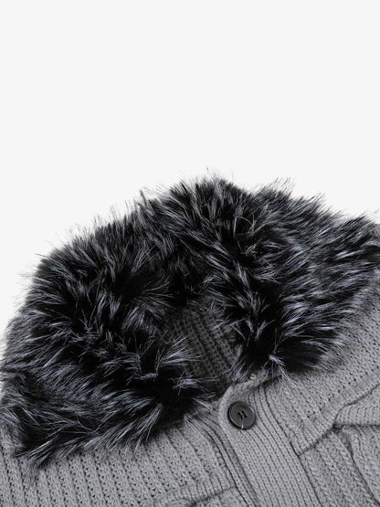 Faux-Fur Collar Distressed Knit Cardigan