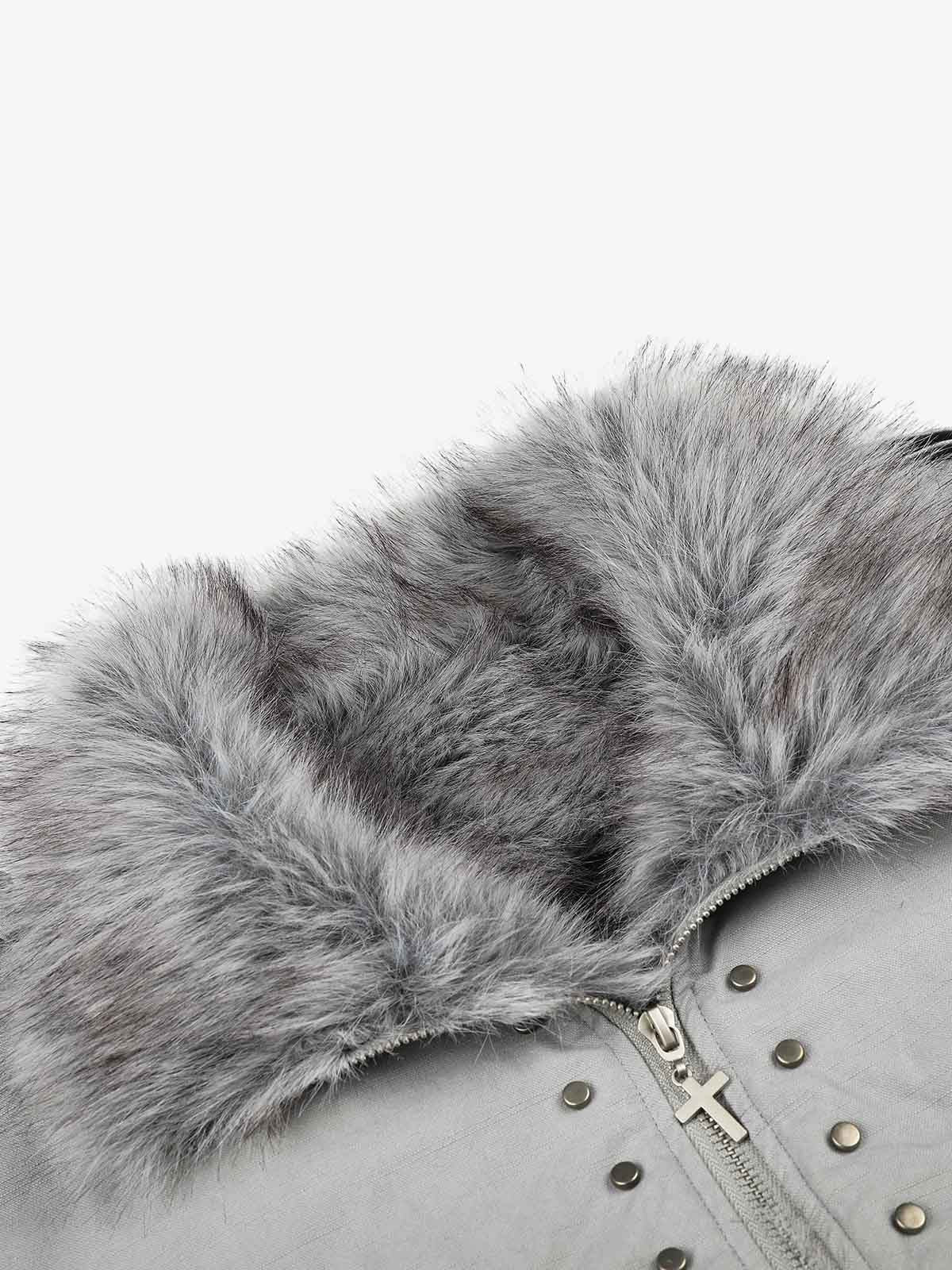 Studded Faux-Fur Collar Bomber Coat; Gray / S, Gray / M, Gray / L, Gray / XL