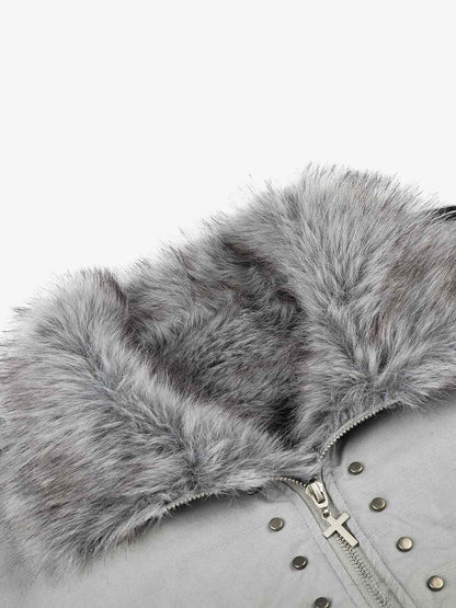 Studded Faux-Fur Collar Bomber Coat; Gray / S, Gray / M, Gray / L, Gray / XL