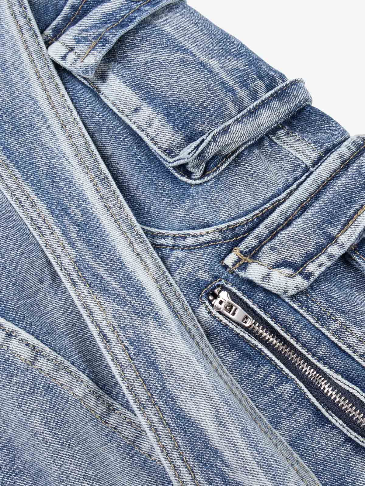 Washed Multi-Pocket Curved-Seam Cargo Jeans; Blue / S, Blue / M, Blue / L, Blue / XL