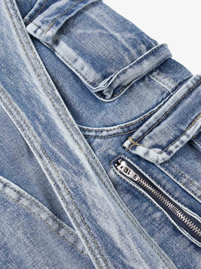 Washed Multi-Pocket Curved-Seam Cargo Jeans; Blue / S, Blue / M, Blue / L, Blue / XL