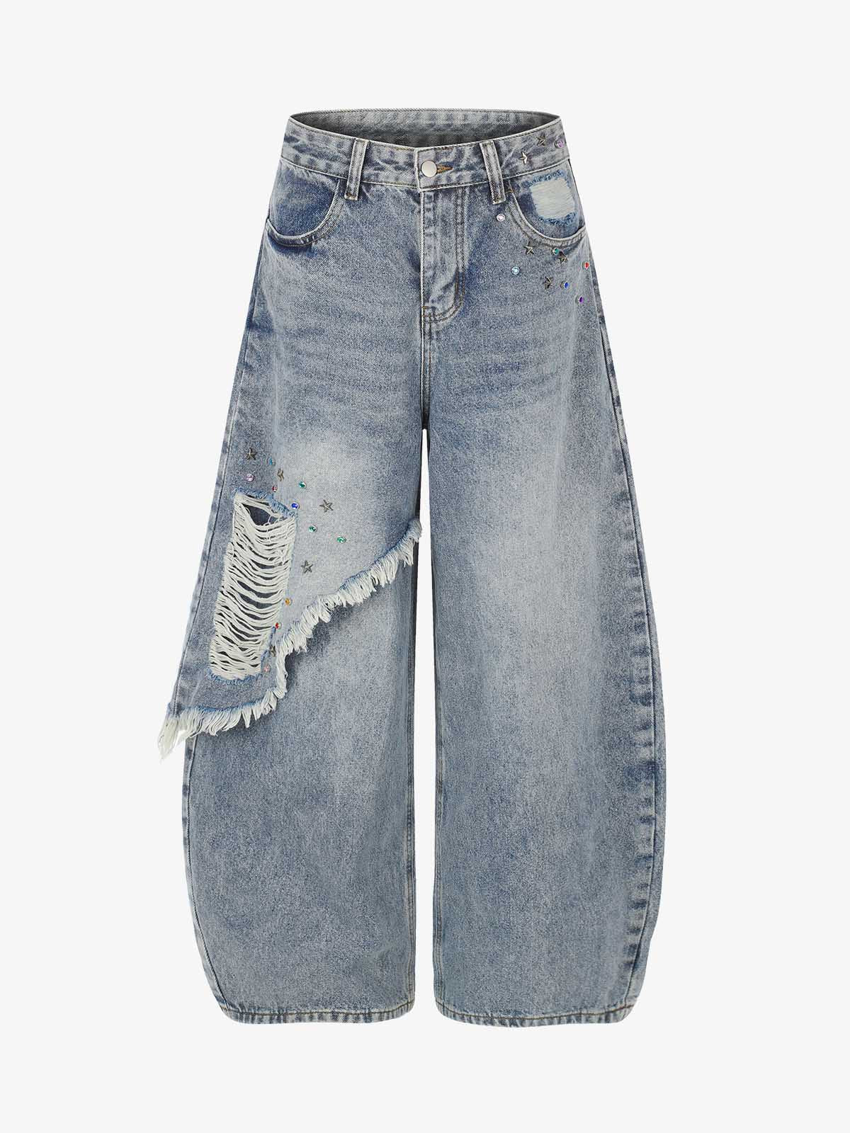 Layered Rhinestone Baggy Jeans; Light Blue / S, Light Blue / M, Light Blue / L, Light Blue / XL