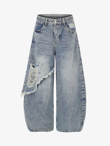 Layered Rhinestone Baggy Jeans; Light Blue / S, Light Blue / M, Light Blue / L, Light Blue / XL