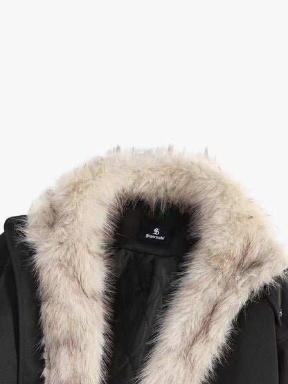 Faux-Fur Collar Zip Bomber Coat; Black / M, Black / L, Black / XL