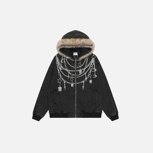 Y2K Chain Print Faux Fur Hooded Washed Sweatshirt