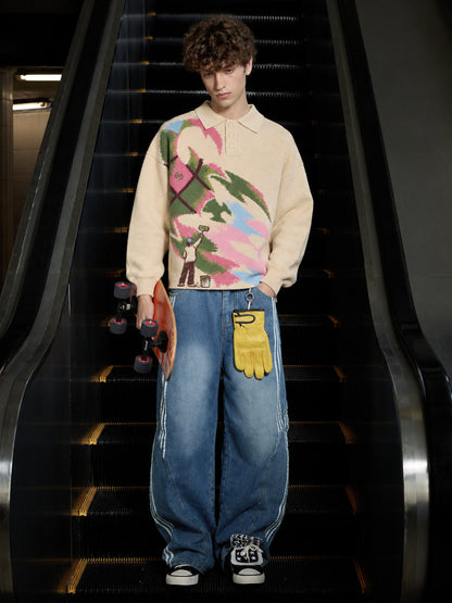 Art Story Graphic Jacquard Knit Polo Sweater; Apricot / S, Apricot / M, Apricot / L, Apricot / XL, Apricot / 2XL