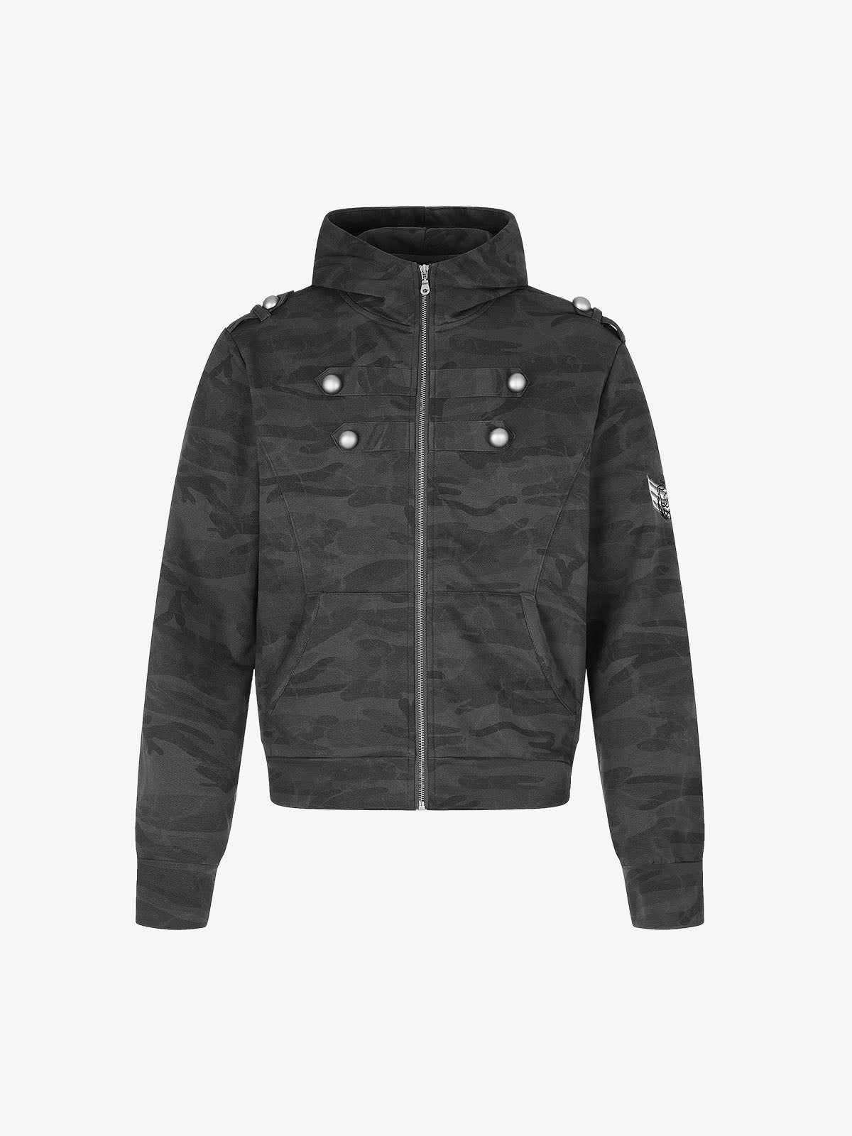 Studded Camo Hooded Sweatshirt Jacket; Dark Gray / S, Dark Gray / M, Dark Gray / L, Dark Gray / XL