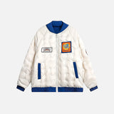 front view of the white Vintage Parkas Bomber Varsity Jacket in a gray background