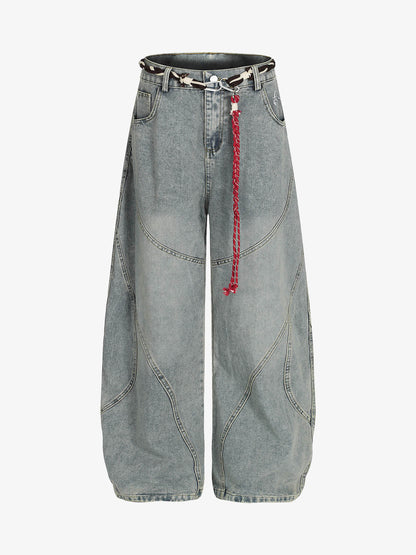 Denim Retro Belt Detail With Patchwork Barrel Jeans - 2490
