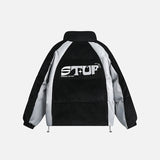 Back view of the black Corduroy Patchwork Padded Retro Puffer Jacket in a gray background