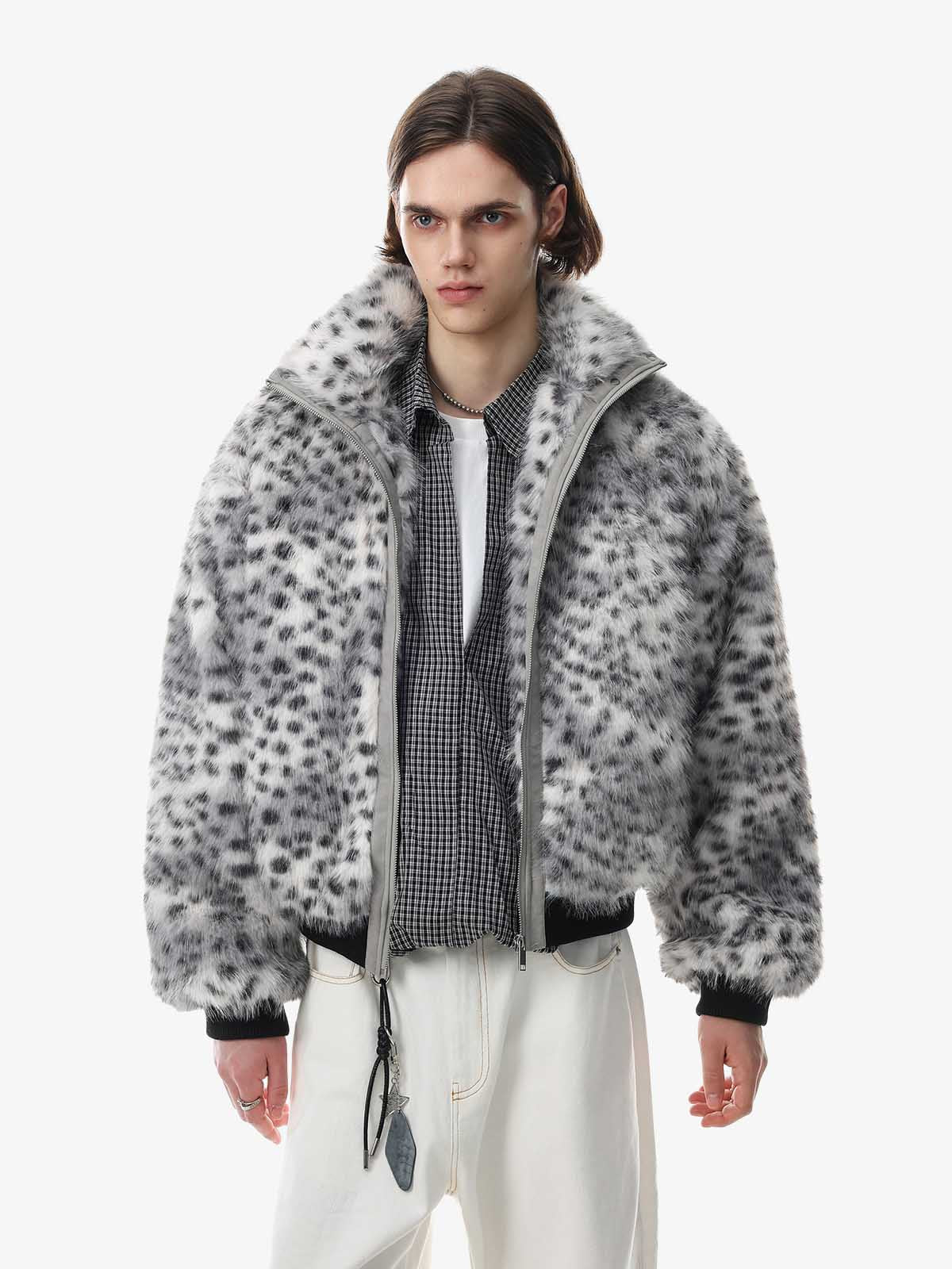 Snow Leopard Faux-Fur High-Collar Coat