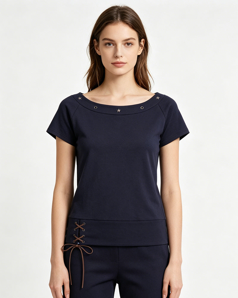 Lace-Up Detail Fitted Short Sleeve Top