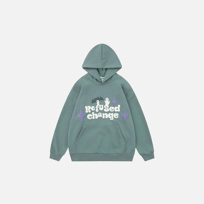 Front view of the sky blue Refused Change Graphic Hoodie in a gray background