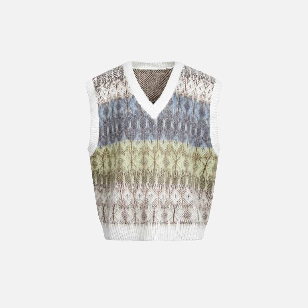 Jacquard Mohair Knitted V-Neck Sleevless Sweater